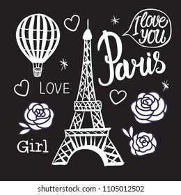 Paris card. Eiffel Tower and Balloon hand drawing. White design for girls with a vector illustration on black background.