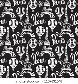 Paris card. Eiffel Tower and Balloon hand drawing. White design for girls with a vector illustration on black background.