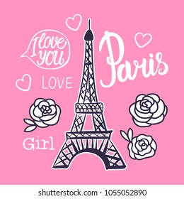 Paris card. Eiffel Tower hand drawing. Pink design for girls with a vector illustration.