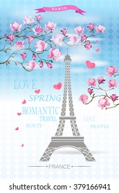Paris Card with Eiffel tower and Magnolia flowers. Vector illustration.