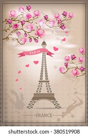 Paris Card with Eiffel tower and Magnolia flowers. Vector illustration.Vintage poster.