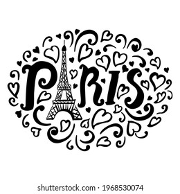Paris card with letters, hearts, eiffel tower hand drawn illustration isolated on white background. Doodle sketch black print.