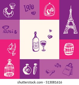 Paris checkered concept in romantic colors. Bottle of wine, Eiffel tower, dove and cage, bakery sweets, diamond ring, perfumes, shopping hand drawn vector icons. France related doodle symbols and text