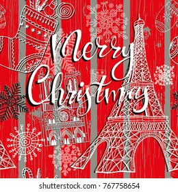 Paris Christmas seamless pattern red