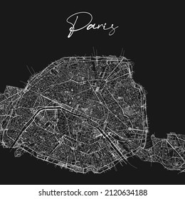 Paris city black and white map. Map of Paris France. Black and white poster with parisian street map. Paris map illustration.