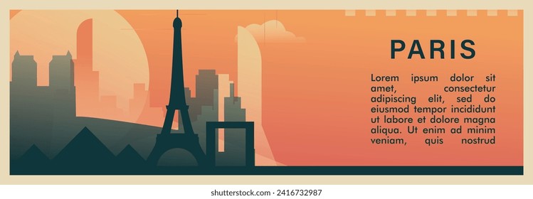 Paris city brutalism vector banner with skyline, cityscape. France capital retro horizontal illustration, travel layout for web presentation, header, footer