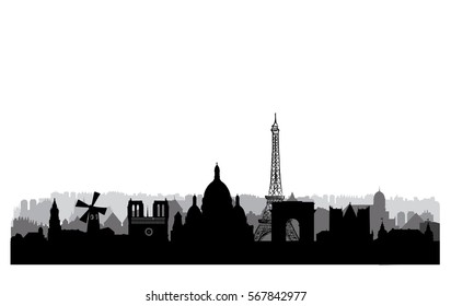 Paris city buildings silhouette. French urban landscape. Paris cityscape with landmarks. Travel France skyline background. Vacation in Europe wallpaper. 