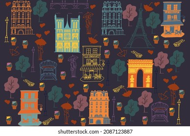 Paris city cartoon illustration. Paris holiday travel doodle drawing. Modern cartoon Paris illustration. Hand sketched poster, banner, postcard, card template for travel company, T-shirt, shirt