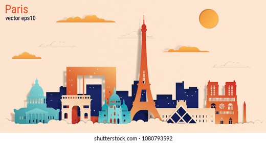 Paris city colorful paper cut style, vector stock illustration. Cityscape with all famous buildings. Skyline Paris city composition for design 