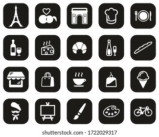 Paris City & Culture Icons White On Black Flat Design Set Big