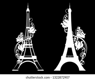 paris city eiffel tower with rose flowers and butterfly - white vector silhouette over black