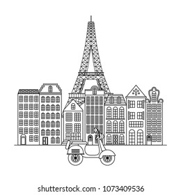 paris city with eiffel tower and scooter scene