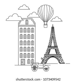 paris city with eiffel tower and scooter scene