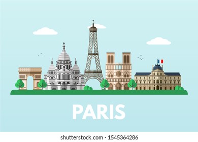 Plantilla de banner vectorial plano de la ciudad de París. Torre Eiffel, ilustración de Notre Dame con espacio de texto. Capital de Francia. Europa: monumentos famosos y atracciones turísticas elementos de diseño de caricaturas