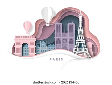 Paris city, France, vector illustration in paper art style. The Arc de Triomphe, Eiffel Tower, Notre Dame Cathedral, world famous landmarks and tourist attractions in Paris. Global travel.