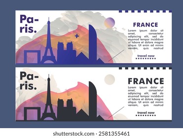 Paris city horizon profile banner, placard, header, footer. France capiital downtown vector website page layout with panoramic front view