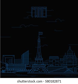 Paris city with iconic buildings. Line art flat design. Vector illustration.