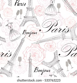 Paris city landmark Eiffel Tower and handwritten lettering PARIS seamless pattern. Travel France famous place floral tile background.