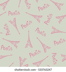 Paris city landmark Eiffel Tower and handwritten lettering PARIS seamless pattern. Travel France tile background.