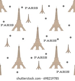 Paris city landmark Eiffel Tower and handwritten lettering PARIS seamless pattern. Travel France tile background.