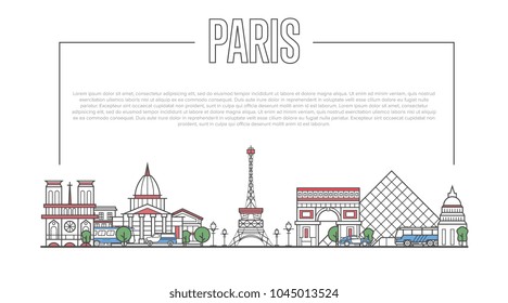 Paris city landmark panorama with famous modern and ancient architecture in trendy linear style. Parisian national landmarks on white background. Worldwide traveling and journey vector concept.