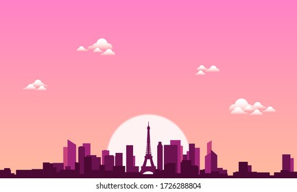 Paris City Landscape with Buildings and Eiffel Tower Silhouettes.