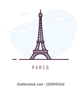 Paris city line style illustration. Famous Eiffel tower in Paris, France. Architecture city symbol of France. Outline building vector illustration. Sky clouds on background. Travel and tourism banner.