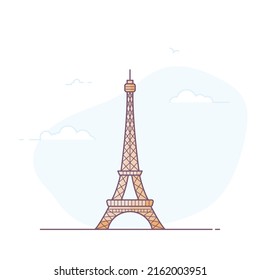 Ilustración de estilo de línea de la ciudad de París. Famosa torre Eiffel en París, Francia. Símbolo de la ciudad de arquitectura de Francia. С ilustración vectorial de construcción de color. Nubes de cielo en el fondo. Banner de viajes y turismo.