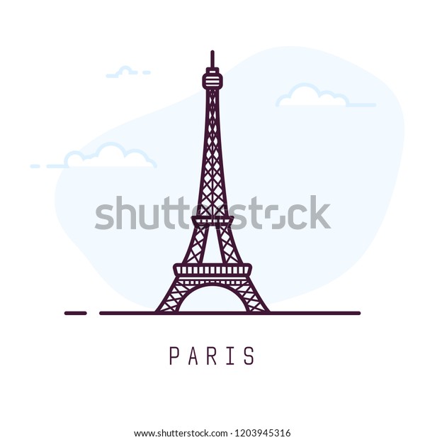 パリ市の線のスタイルのイラスト フランスのパリにある有名なエッフェル塔 フランスの建築都市のシンボル 輪郭の構築のベクターイラスト 背景に空の雲 旅行と観光のバナー のベクター画像素材 ロイヤリティフリー