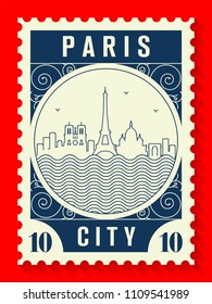 Paris City Line Style Postage Stamp Design