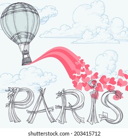 Paris, city of love concept, hot air balloon, pink hearts over the sky and Paris original lettering / text