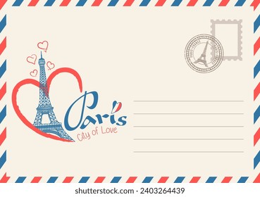 'Paris: City of Love' postcard. The Eiffel Tower inside a heart. Romantic, vectoral greeting card design for new year.