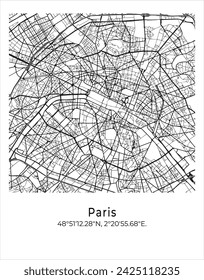 Paris city map. Travel poster vector illustration with coordinates. Paris, France Map in light mode.