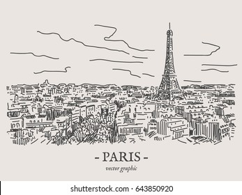 Paris city retro vintage vector drawing on gray backgtound