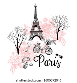 Paris city romance illustration. Vector illustration. Manual graphics.  