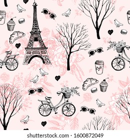 Paris city romance seamless. Vector illustration. Manual graphics. Seamless pattern for fabric, paper and other printing and web projects.  