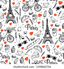 Paris city romance. Vector illustration. Manual graphics. Seamless pattern for fabric, paper and other printing and web projects.  