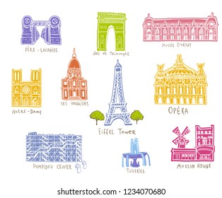 Paris city sights illustrations in sketch style, pastel tone colors