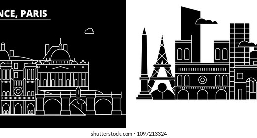Paris city silhouette skyline. France - Paris vector city, french linear architecture, buildings. Paris travel illustration, outline landmarks. France flat icons, french line banner