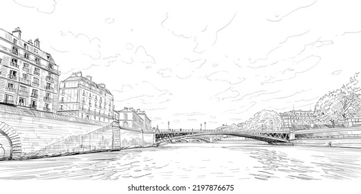 Paris city sketch. Bridge drawing. Seine river. France. Hand drawn vector illustration