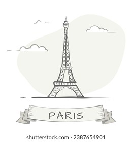 Paris city sketch style illustration. Famous Eiffel tower in Paris, France. Architecture city symbol of France. Outline building vector illustration. Travel and tourism sketch banner.