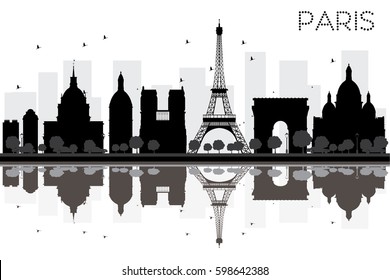 Paris City skyline black and white silhouette with reflections. Vector illustration. Simple flat concept for tourism presentation, banner, placard or web site. Cityscape with famous landmarks