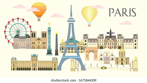 Paris City Skyline. Colorful isolated vector illustration on beige background. Vector illustration of main landmarks of Paris, France. Paris vector icon. Paris building outline.