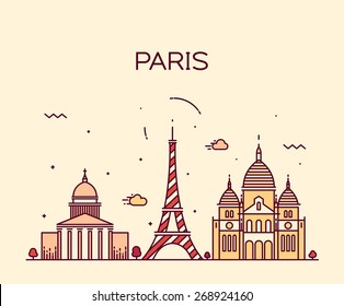 Paris City skyline detailed silhouette. Trendy vector illustration, line art style.