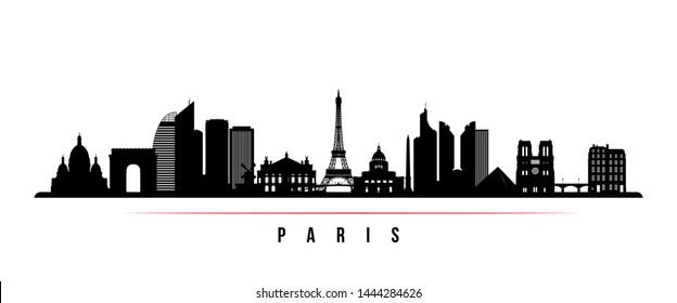 Paris city skyline horizontal banner. Black and white silhouette of Paris city, France. Vector template for your design. 
