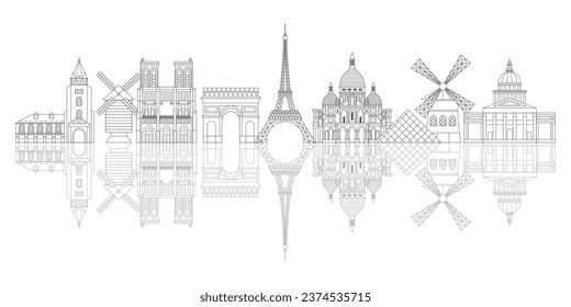 Paris city skyline line art web banner. Monochrome illustration with popular Paris attractions and architecture landmarks.