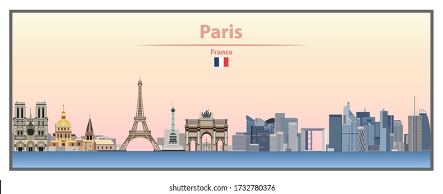 Paris city skyline on bright colorful gradient sunrise sky background.  Vector illustration