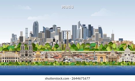 Paris city skyline on gradient beautiful day sky background. Vector illustration