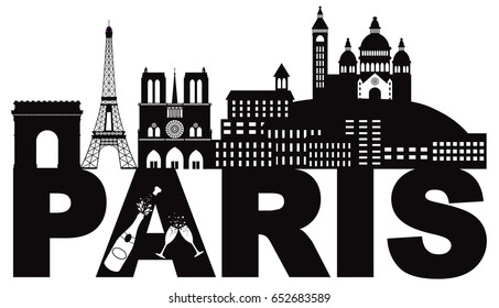 Paris City Skyline Outline Silhouette with Champagne Bottle Glass Black Isolated on White Background Panorama vector Illustration