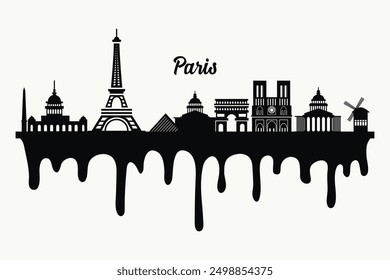 Paris city skyline silhouette background with dripping ink effect .Vector illustration.Iconic landmarks of Paris,including the Eiffel Tower, Cathedral and buildings